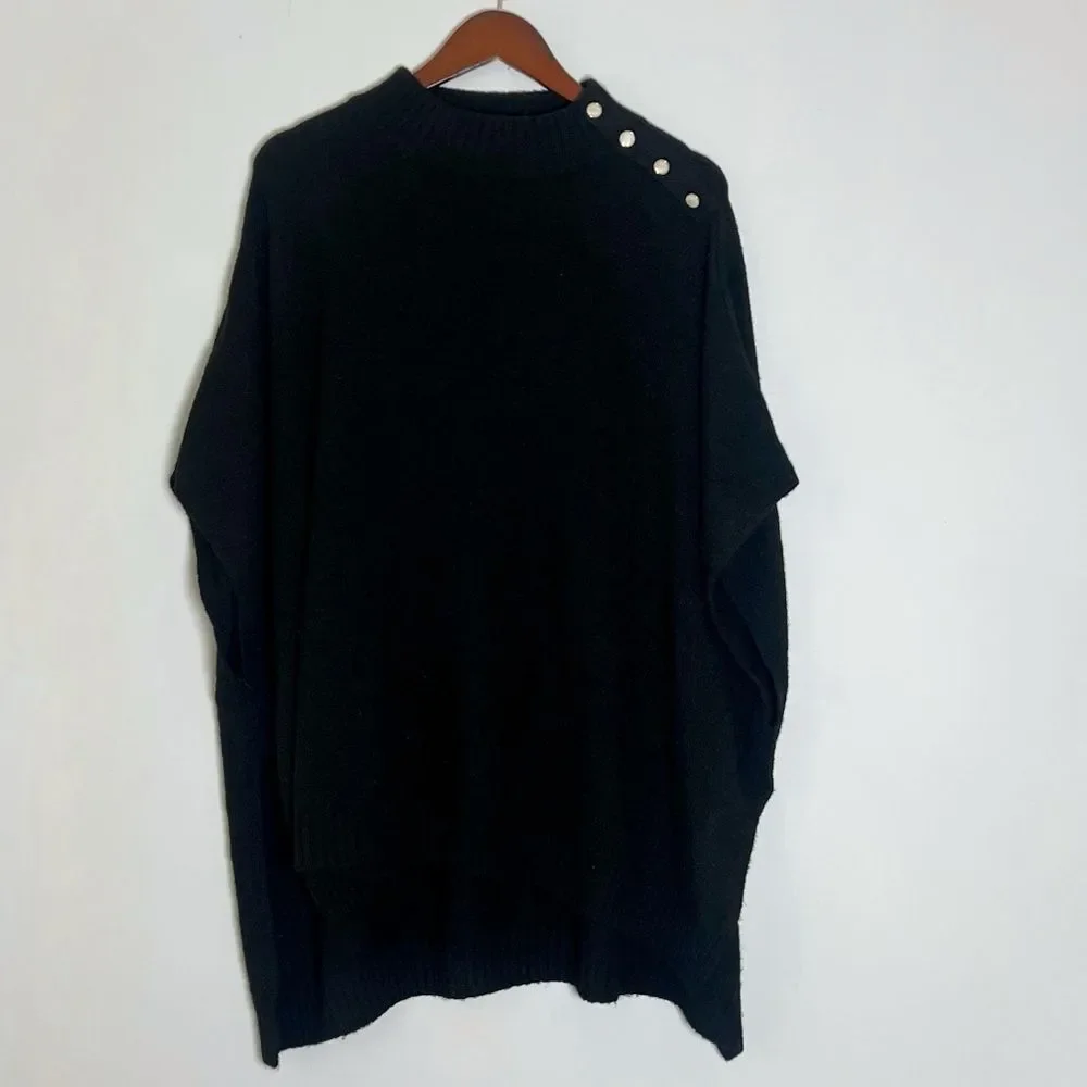 J.Crew Black Wool Blend Mockneck Button-detail Poncho Sweater